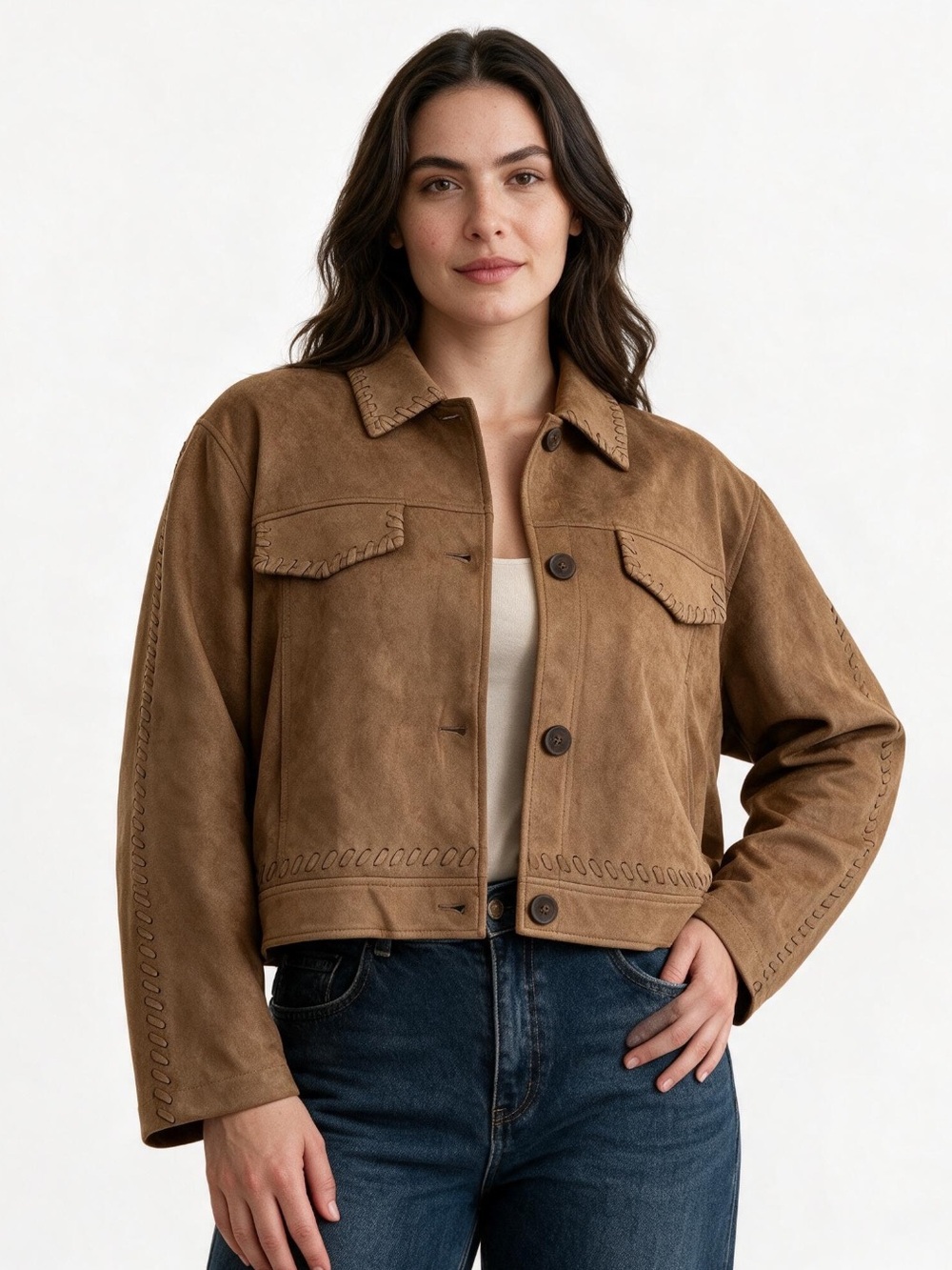 Rebecca Minkoff Faux Suede Whipstitch Trucker Jacket Tobacco Brown Sz L NWT